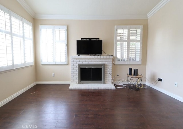 10260 Santa Rosa Ct, Rancho Cucamonga, CA 91730 - unfurnished living room with crown molding, wood finished floors, and a brick fireplace