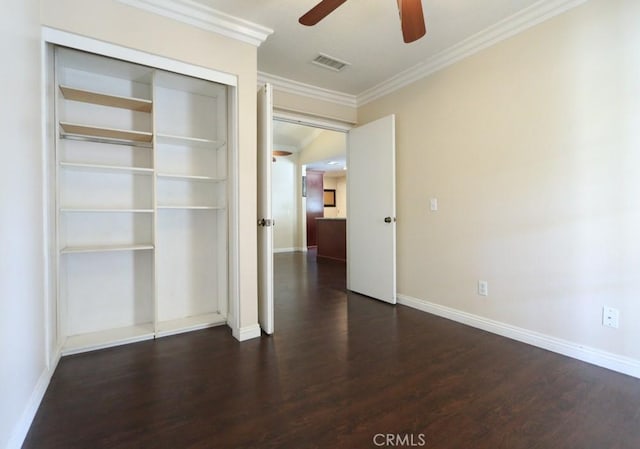 10260 Santa Rosa Ct, Rancho Cucamonga, CA 91730 - unfurnished bedroom with crown molding, dark wood finished floors, a closet, and a ceiling fan