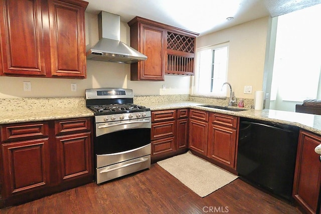 10260 Santa Rosa Ct, Rancho Cucamonga, CA 91730 - kitchen featuring wall chimney range hood, black dishwasher, stainless steel range with gas cooktop, dark wood-type flooring, and dark brown cabinets