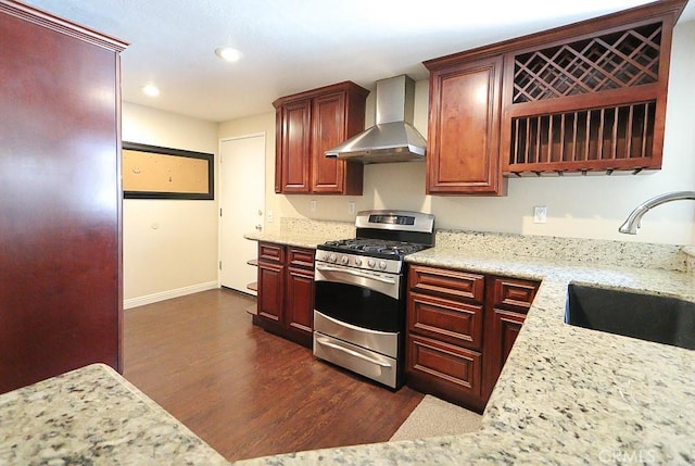 10260 Santa Rosa Ct, Rancho Cucamonga, CA 91730 - kitchen featuring wall chimney exhaust hood, gas range, dark wood finished floors, recessed lighting, and light stone counters
