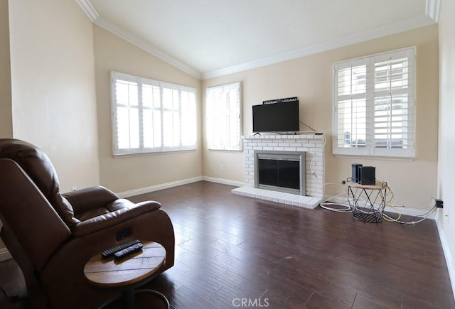 10260 Santa Rosa Ct, Rancho Cucamonga, CA 91730 - living area featuring vaulted ceiling, plenty of natural light, a brick fireplace, wood finished floors, and crown molding