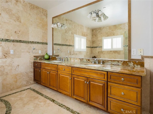 229 N Juanita Ave Unit B, Redondo Beach, CA 90277 - bathroom with tile walls, double vanity, and tiled shower