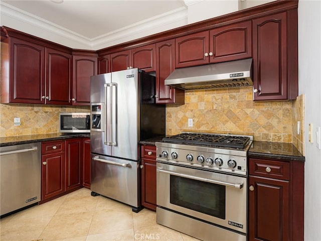 229 N Juanita Ave Unit B, Redondo Beach, CA 90277 - kitchen featuring high quality appliances, under cabinet range hood, dark brown cabinets, crown molding, and backsplash