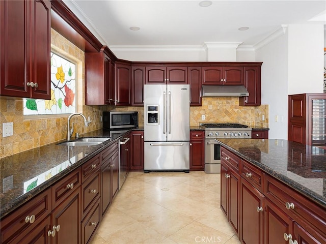 229 N Juanita Ave Unit B, Redondo Beach, CA 90277 - kitchen with appliances with stainless steel finishes, dark brown cabinets, a sink, under cabinet range hood, and crown molding