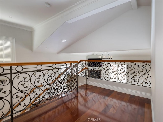 229 N Juanita Ave Unit B, Redondo Beach, CA 90277 - corridor with hardwood / wood-style flooring, lofted ceiling, a chandelier, crown molding, and baseboards