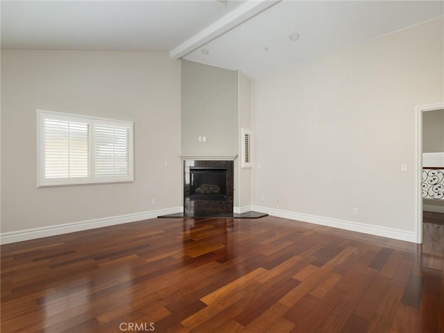 229 N Juanita Ave Unit B, Redondo Beach, CA 90277 - unfurnished living room featuring beamed ceiling, wood finished floors, a premium fireplace, baseboards, and high vaulted ceiling