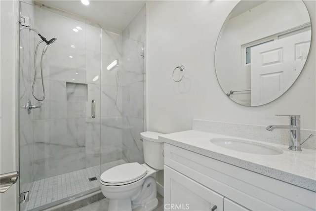 8142 Vantage Ave, North Hollywood, CA 91605 - bathroom featuring toilet, a marble finish shower, and vanity