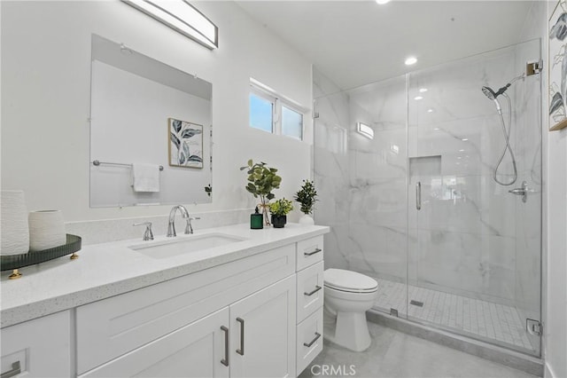 8142 Vantage Ave, North Hollywood, CA 91605 - full bath featuring toilet, a marble finish shower, vanity, and recessed lighting