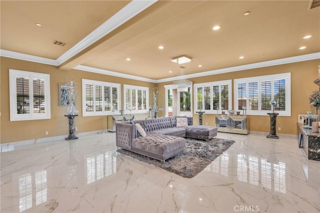 living room with marble tiled flooring, ornamental molding, healthy amount of natural light, and recessed lighting