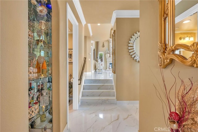 corridor featuring ornamental molding, marble tiled flooring, baseboards, and recessed lighting