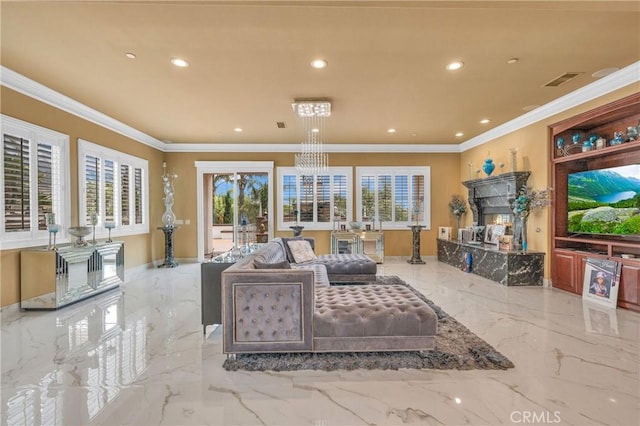 living room featuring marble tiled flooring, recessed lighting, crown molding, and baseboards