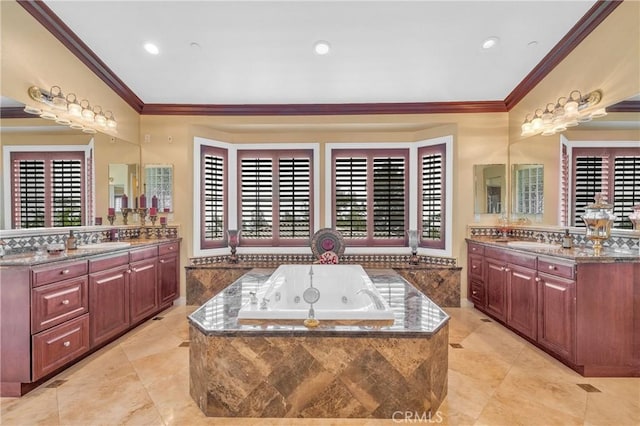 full bathroom featuring crown molding, a bath, two vanities, recessed lighting, and tile patterned flooring
