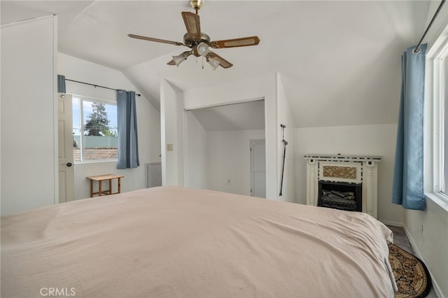 21964 Mojave River Rd, Cedarpines Park, CA 92322 - bedroom featuring lofted ceiling and a ceiling fan