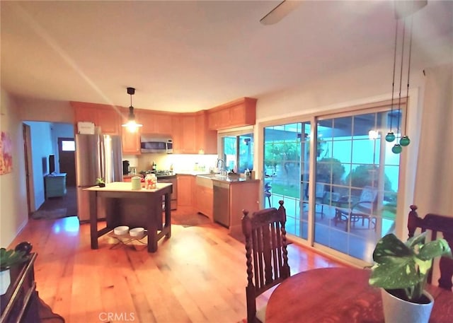 3889 Acorn Ct, Simi Valley, CA 93063 - kitchen featuring appliances with stainless steel finishes, light wood finished floors, pendant lighting, a sink, and plenty of natural light