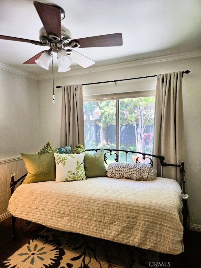 3889 Acorn Ct, Simi Valley, CA 93063 - bedroom featuring ornamental molding, wood finished floors, a ceiling fan, and a wainscoted wall