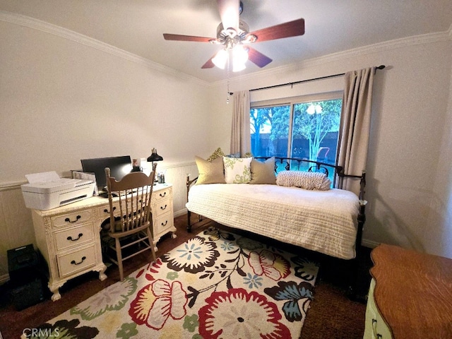 3889 Acorn Ct, Simi Valley, CA 93063 - bedroom featuring crown molding, dark wood-style flooring, a desk, a wainscoted wall, and ceiling fan