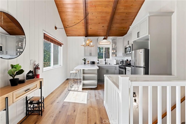 698 W Victoria Ct, Lake Arrowhead, CA 92352 - kitchen with appliances with stainless steel finishes, wooden ceiling, light wood-style floors, a sink, and a chandelier