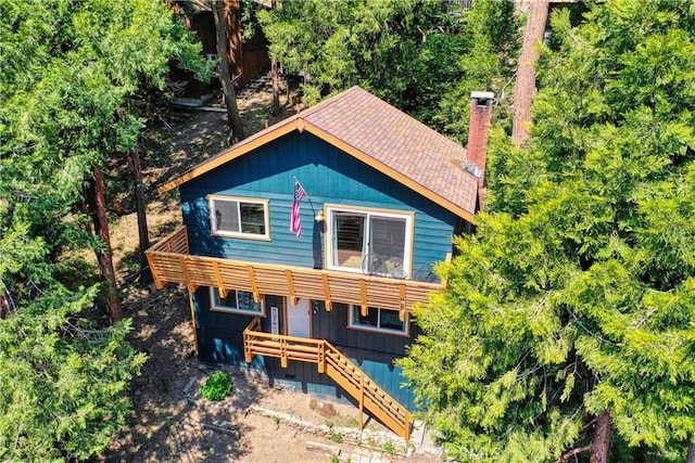 698 W Victoria Ct, Lake Arrowhead, CA 92352 - rustic home featuring stairway, a chimney, and a deck
