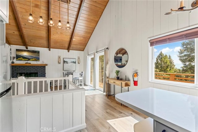 698 W Victoria Ct, Lake Arrowhead, CA 92352 - kitchen with wooden ceiling, light wood-type flooring, a fireplace, white cabinetry, and wooden walls