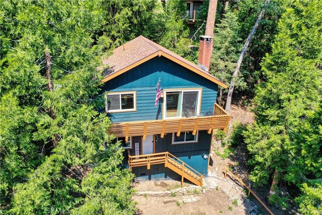 698 W Victoria Ct, Lake Arrowhead, CA 92352 - rustic home featuring a chimney, stairway, and a deck