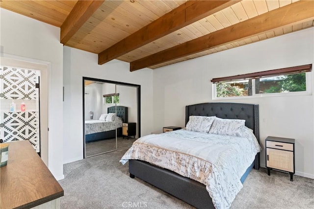 698 W Victoria Ct, Lake Arrowhead, CA 92352 - carpeted bedroom featuring wooden ceiling with exposed beams, a closet, and baseboards