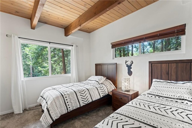 698 W Victoria Ct, Lake Arrowhead, CA 92352 - carpeted bedroom featuring multiple windows and wood ceiling with exposed beams