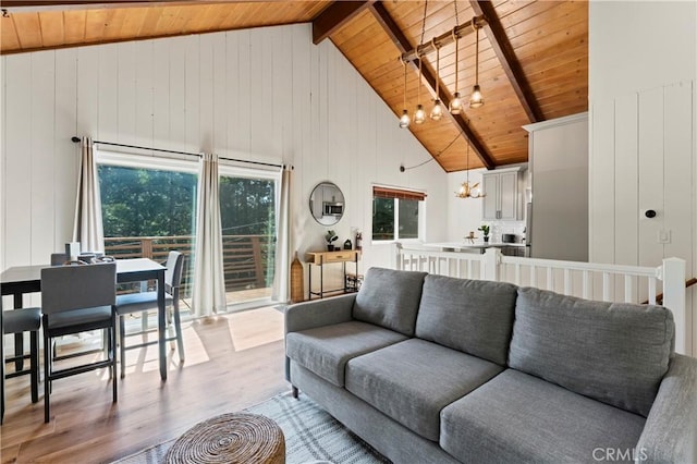 698 W Victoria Ct, Lake Arrowhead, CA 92352 - living area with wooden ceiling with exposed beams, a chandelier, light wood finished floors, high vaulted ceiling, and wood walls