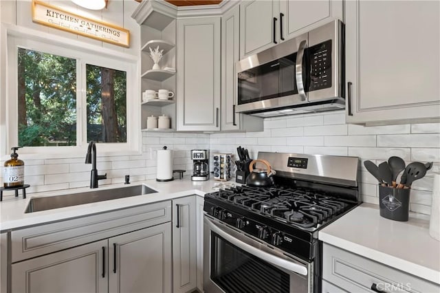 698 W Victoria Ct, Lake Arrowhead, CA 92352 - kitchen with stainless steel appliances, a sink, gray cabinetry, and open shelves