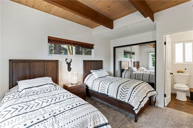 698 W Victoria Ct, Lake Arrowhead, CA 92352 - carpeted bedroom featuring wood ceiling with exposed beams, a closet, baseboards, and ensuite bathroom