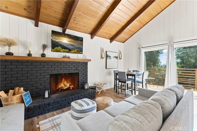 698 W Victoria Ct, Lake Arrowhead, CA 92352 - living area featuring wood ceiling, wood finished floors, and a fireplace