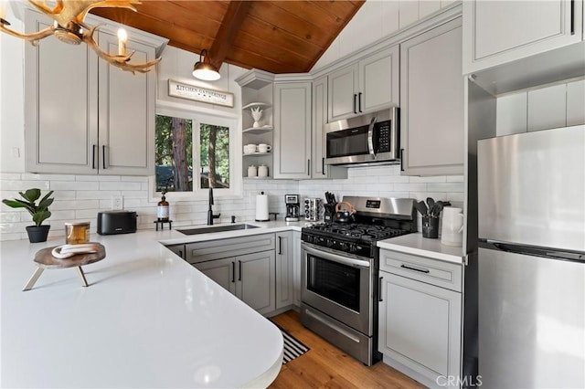 698 W Victoria Ct, Lake Arrowhead, CA 92352 - kitchen with appliances with stainless steel finishes, wooden ceiling, a sink, open shelves, and light countertops