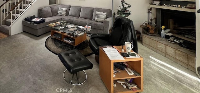 6323 Reseda Blvd Unit 5, Tarzana, CA 91335 - living room with carpet flooring, stairs, and a tile fireplace