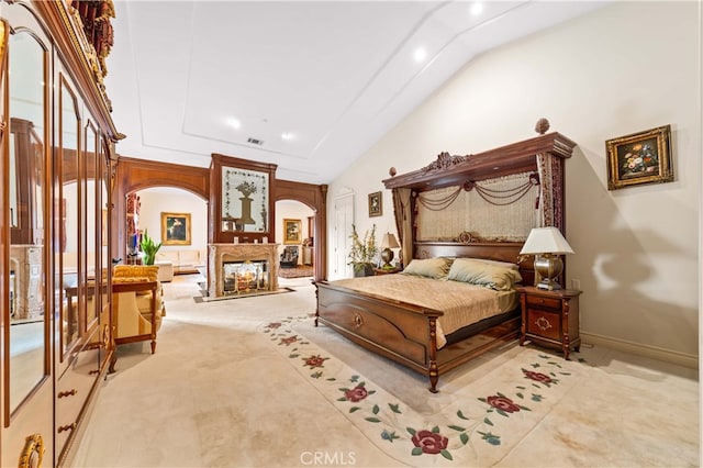 1782 Chota Rd, La Habra Heights, CA 90631 - bedroom featuring arched walkways, lofted ceiling, recessed lighting, and baseboards