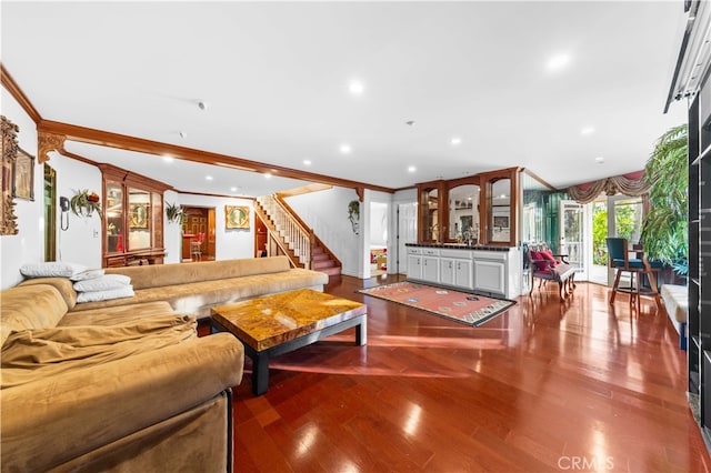 1782 Chota Rd, La Habra Heights, CA 90631 - living room with ornamental molding, stairs, wood finished floors, and recessed lighting