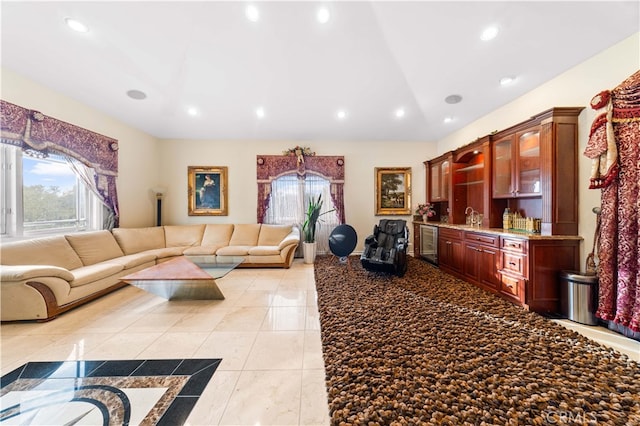 1782 Chota Rd, La Habra Heights, CA 90631 - living room with recessed lighting, wine cooler, and light tile patterned floors