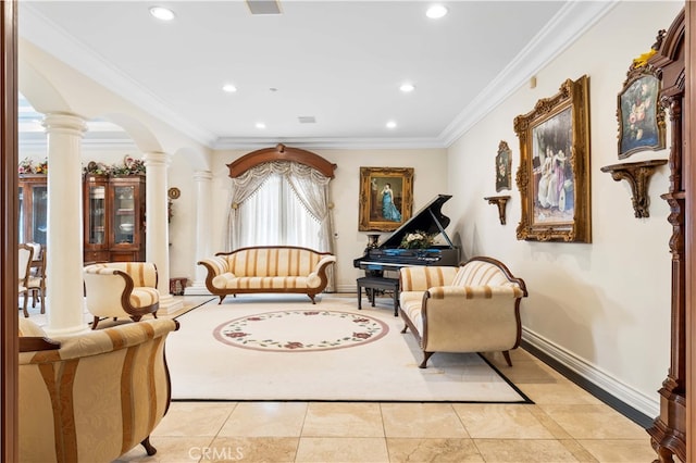 1782 Chota Rd, La Habra Heights, CA 90631 - sitting room with decorative columns, crown molding, recessed lighting, baseboards, and light tile patterned floors