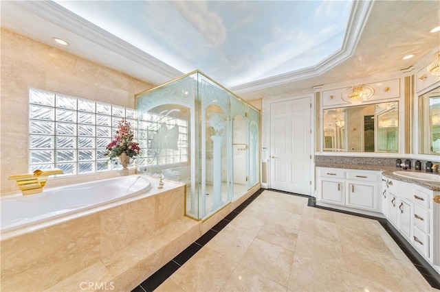 1782 Chota Rd, La Habra Heights, CA 90631 - full bath featuring tile patterned floors, inlaid floor details, a bath, a raised ceiling, and vanity