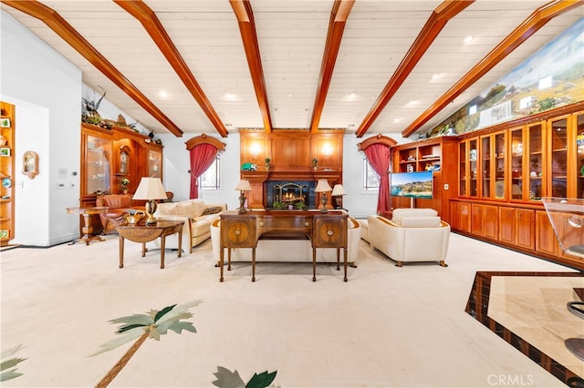 1782 Chota Rd, La Habra Heights, CA 90631 - carpeted living area with a warm lit fireplace and wooden ceiling