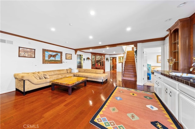 1782 Chota Rd, La Habra Heights, CA 90631 - living room featuring crown molding, recessed lighting, dark wood-style flooring, baseboards, and stairs