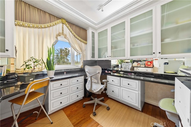 1782 Chota Rd, La Habra Heights, CA 90631 - home office with built in study area, light wood-style flooring, and rail lighting