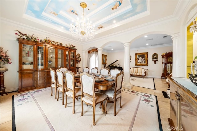 1782 Chota Rd, La Habra Heights, CA 90631 - dining room with ornate columns, arched walkways, inlaid floor details, ornamental molding, and a tray ceiling