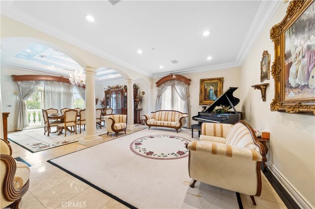 1782 Chota Rd, La Habra Heights, CA 90631 - sitting room featuring ornate columns, plenty of natural light, arched walkways, recessed lighting, and crown molding