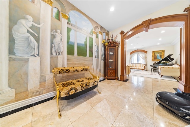 1782 Chota Rd, La Habra Heights, CA 90631 - hallway featuring ornate columns, crown molding, arched walkways, and recessed lighting