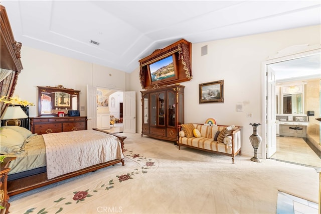 1782 Chota Rd, La Habra Heights, CA 90631 - carpeted bedroom with high vaulted ceiling and ensuite bath