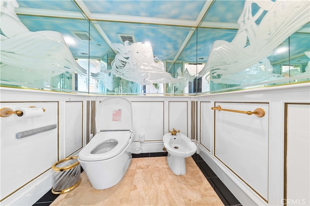 1782 Chota Rd, La Habra Heights, CA 90631 - bathroom with a decorative wall, toilet, and a bidet