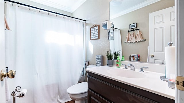 bathroom with ornamental molding, vanity, toilet, and shower / bath combo with shower curtain