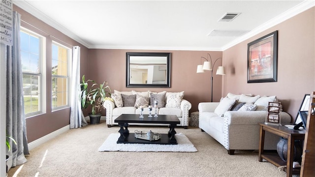 living room with ornamental molding, carpet flooring, and baseboards