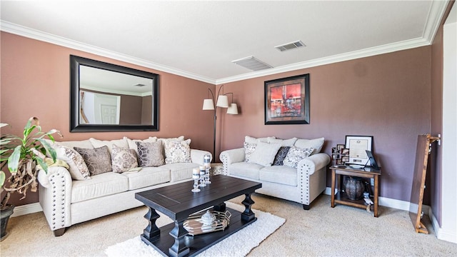 living room featuring carpet flooring, crown molding, and baseboards