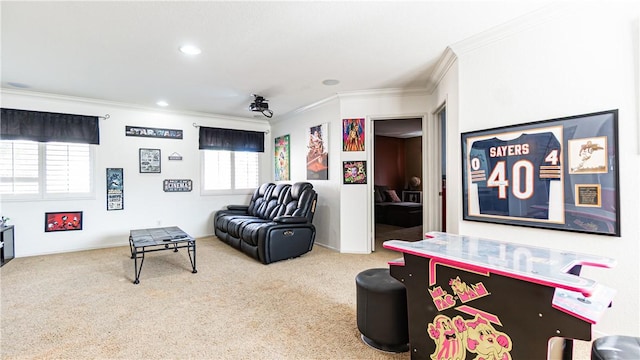 living room featuring ornamental molding, carpet floors, and recessed lighting