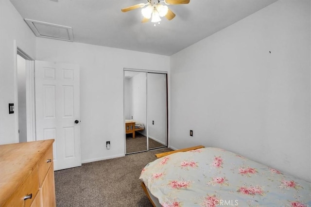 7565 Sherman Hoyt Ave Unit 29, Palms, CA 92277 - bedroom with carpet, attic access, a closet, baseboards, and ceiling fan